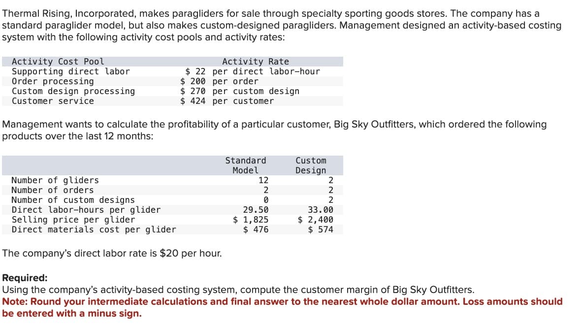 Thermal Rising, Incorporated, makes paragliders for sale through specialty sporting goods stores. The company has a
standard paraglider model, but also makes custom-designed paragliders. Management designed an activity-based costing
system with the following activity cost pools and activity rates:
Activity Cost Pool
Supporting direct labor
Order processing
Custom design processing
Customer service.
Activity Rate
$22 per direct labor-hour
$ 200 per order
$ 270 per custom design
$ 424 per customer
Management wants to calculate the profitability of a particular customer, Big Sky Outfitters, which ordered the following
products over the last 12 months:
Number of gliders
Number of orders
Number of custom designs
Direct labor-hours per glider
Selling price per glider
Direct materials cost per glider.
The company's direct labor rate is $20 per hour.
Standard
Model
12
2
0
29.50
$ 1,825
$ 476
Custom
Design
2
2
2
33.00
$ 2,400
$ 574
Required:
Using the company's activity-based costing system, compute the customer margin of Big Sky Outfitters.
Note: Round your intermediate calculations and final answer to the nearest whole dollar amount. Loss amounts should
be entered with a minus sign.