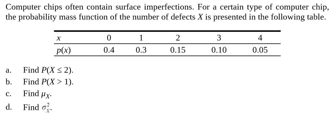 Computer chips often contain surface imperfections. For a certain type of computer chip,
the probability mass function of the number of defects X is presented in the following table.
2
3
4
p(x)
0.4
0.3
0.15
0.10
0.05
Find P(X < 2).
a.
Find P(X > 1).
b.
Find Hx-
C.
Find o.
d.
