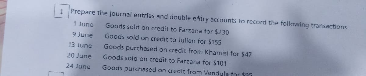 Prepare the journal entries and double eAtry accounts to record the following transactions.
1 June
Goods sold on credit to Farzana for $230
9 June
Goods sold on credit to Julien for $155
13 June
Goods purchased on credit from Khamisi for $47
20 June
Goods sold on credit to Farzana for $101
24 June
Goods purchased on credit from Vendula for $95
1.
