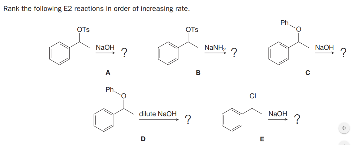 Rank the following E2 reactions in order of increasing rate.
Ph,
OTs
OTs
NaOH
NaOH
?
NaNH,
A
Ph.
dilute NaOH
NaOH
E
