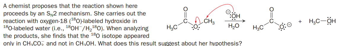 A chemist proposes that the reaction shown here
proceeds by an SN2 mechanism. She carries out the
reaction with oxygen-18 (180)-labeled hydroxide in
180-labeled water (i.e., 18OH/H2180). When analyzing
the products, she finds that the 180 isotope appeared
only in CH3CO, and not in CH3OH. What does this result suggest about her hypothesis?
A CH3
H,C-ÖH
H3C
H,O
H3C
