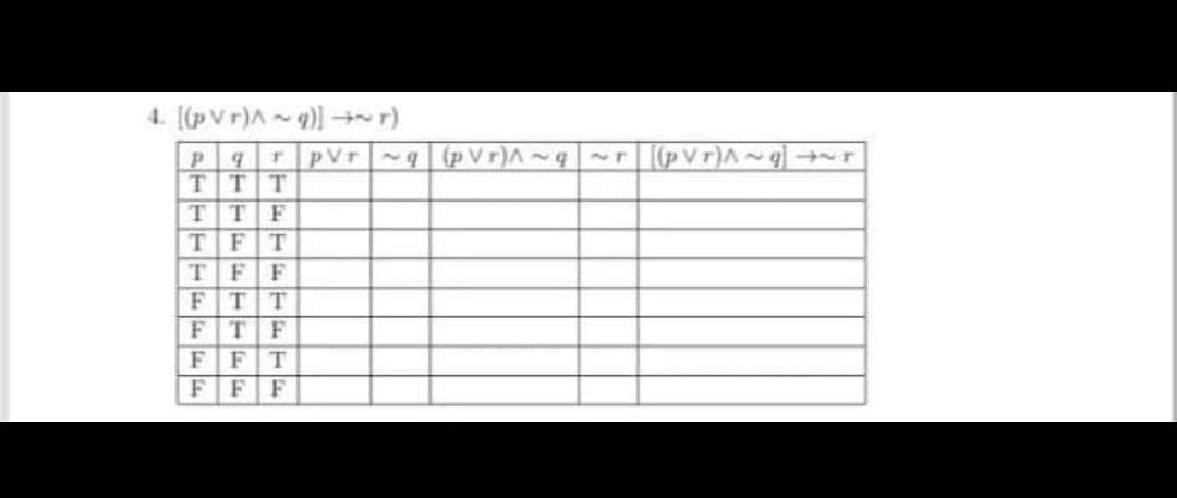 4. [(pVr)A~g)~r)
r pVr~q (pVr)A~q
~ (pVr)A~g] →r
T.
TTF
TFT
T F
FT
T T
F
T
F
FF
F
F
