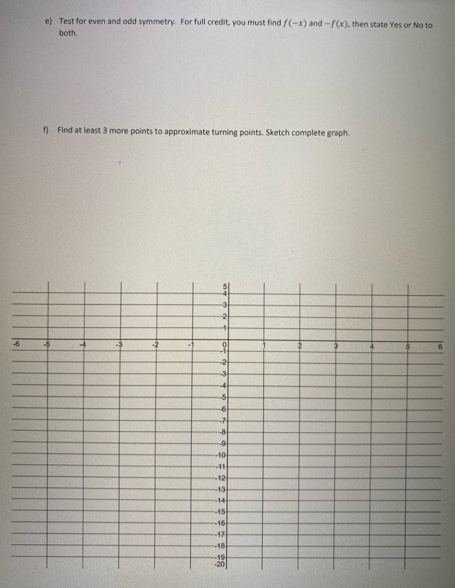 -6
e) Test for even and odd symmetry. For full credit, you must find f(-x) and -f(x), then state Yes or No to
both.
f) Find at least 3 more points to approximate turning points. Sketch complete graph.
2
1
0
-2
-3
-4
-5
-6
7
-8
-9
-10
-11
12
13
14
15
161
17
18
-19
-20
6