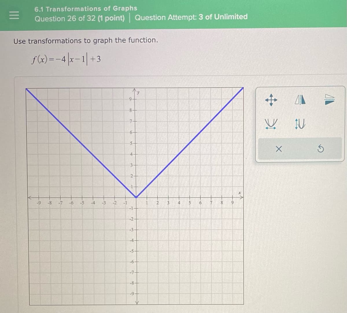 =
6.1 Transformations
of Graphs
Question 26 of 32 (1 point) Question Attempt: 3 of Unlimited
Use transformations to graph the function.
f(x)=-4|x-1| +3
-9 -8
-7
-6
-5
-4
-2
51
9.
8-
7+
6-
5
3
-1
-2-
-3+
-4+
-5-
-6-
-7-
-8-
-9.
2
3
4
5
6
7
8
9
A
VN
X
5