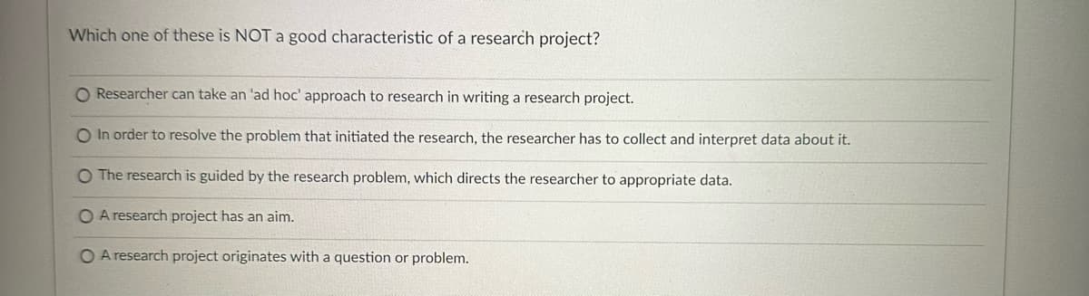 Which one of these is NOT a good characteristic of a research project?
O Researcher can take an 'ad hoc' approach to research in writing a research project.
O In order to resolve the problem that initiated the research, the researcher has to collect and interpret data about it.
O The research is guided by the research problem, which directs the researcher to appropriate data.
O A research project has an aim.
O A research project originates with a question or problem.