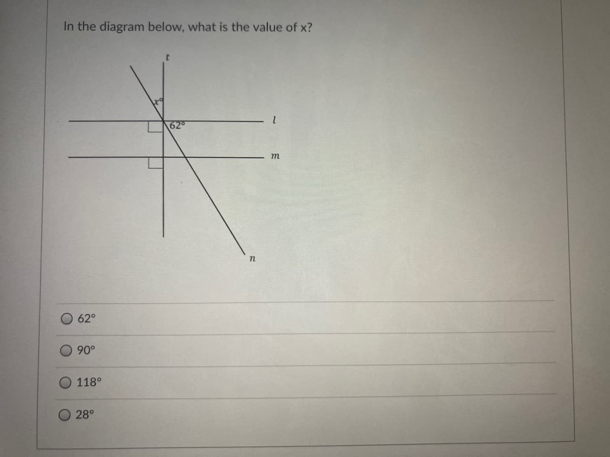 In the diagram below, what is the value of x?
62
m
n
62°
90°
118°
28°
