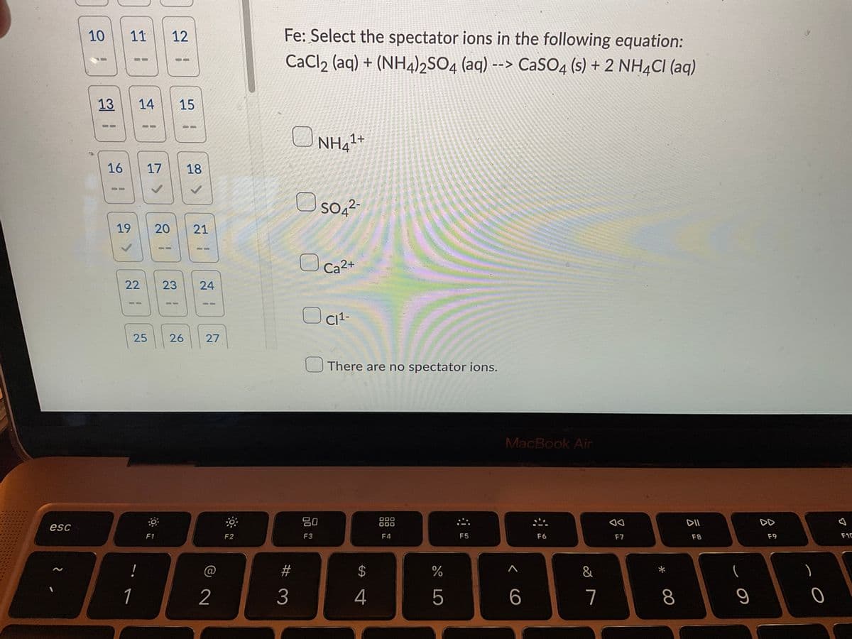 esc
N
10 11 12
13 14 15
16 17 18
19 20 21
22 23 24
25 26 27
10
F1
1
1
대
v
2
F2
Fe: Select the spectator ions in the following equation:
CaCl2 (aq) + (NH4)2SO4 (aq) --> CaSO4 (s) + 2 NH4Cl (aq)
0
NH1+
SO4²-
2-
Ca2+
CI1-
There are no spectator ions.
000
000
F4
#
3
80
F3
$
4
%
5
F5
MacBook Air
F6
< C
&
7
F7
*
8
DII
F8
9
F9
O
F1C
-