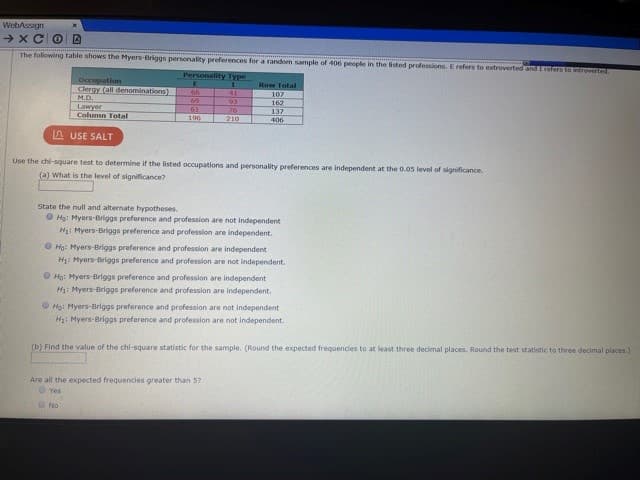 **Transcription of Educational Text on Myers-Briggs Personality Preferences and Occupation**

---

**The following table shows the Myers-Briggs personality preferences for a random sample of 406 people in the listed professions. E refers to extroverted and I refers to introverted.**

| Occupation  | Personality Type | Row Total |
|-------------|------------------|-----------|
| Clergy (all denominations) | E          | 81        |
|                          | I          | 107       |
| L.D. (Attorney)         | E          | 96        |
|                          | I          | 99        |
| Lawyer                  | E          | 126       |
|                          | I          | 137       |
| **Column Total**         | **E: 303** | **I: 343** | **406** |

**Use the chi-square test to determine if the listed occupations and personality preferences are independent at the 0.05 level of significance.**

### (a) What is the level of significance?

State the null and alternate hypotheses.

- **H₀**: Myers-Briggs preference and profession are independent.
- **H₁**: Myers-Briggs preference and profession are not independent.
- **H₂**: Myers-Briggs preference and profession are independent.
- **H₃**: Myers-Briggs preference and profession are not independent.
- **H₄**: Myers-Briggs preference and profession are independent.
- **H₅**: Myers-Briggs preference and profession are not independent.
- **H₆**: Myers-Briggs preference and profession are independent.
- **H₇**: Myers-Briggs preference and profession are not independent.
- **H₈**: Myers-Briggs preference and profession are independent.

### (b) Find the value of the chi-square statistic for the sample.
(Round the expected frequencies to at least three decimal places. Round the test statistic to three decimal places.)

**Are all the expected frequencies greater than 5?**
- Yes
- No

### Detailed Explanation of Table and Procedure

The table provided categorizes a random sample of 406 individuals into their professions and their respective Myers-Briggs personality types (extroverted or introverted). The professions considered are Clergy of all denominations, L.D. (attorneys), and Lawyers. The goal is to analyze whether personality preferences (extroverted vs. introverted) and the listed professions are