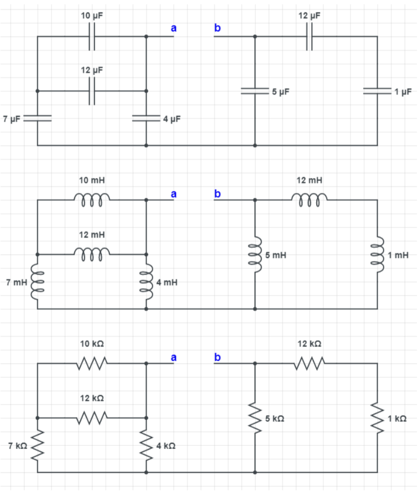 7 μF
7 mH
7 ΚΩ
ell
www
10 μF
12 μF
10 mH
m
12 mH
m
10 ΚΩ
ww
12 ΚΩ
ww
ell
mu
a
4 μF
a
4 mH
a
4 ΚΩ
b
b
b
ell
ww
5 μF
5 mH
5 ΚΩ
12 μF
12 mH
m
12 ΚΩ
lll
ww
1 μF
1 mH
1 ΚΩ