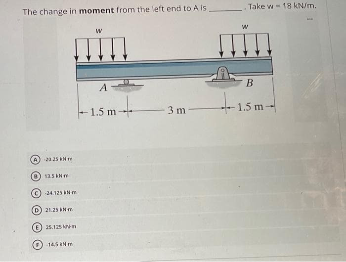 The change in moment from the left end to A is
A
-20.25 kN m
13.5 kN-mi
24.125 KN-m
D) 21.25 kN-m
25.125 kN-m
F) -14.5 kN-m
W
A
m-4
-1.5 m-
3 m
_. Take w= 18 kN/m.
W
B
+1
1.5 m