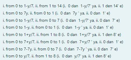 i. from 0 to 1-y/7, ii. from 1 to 14 (i. O dan 1-y/7' ya, ii. 1 den 14' e)
i. from 0 to 7y, ii. from 0 to 1 (i. 0 dan 7y'ya, ii. 0 dan 1' e)
i. from 0 to 1-y/7, ii. from 0 to 7 (i. O dan 1-y/7' ya, ii. O dan 7' e)
i. from 0 to 1-y, ii. from 0 to 1 (i. O dan 1-y' ya, ii. O dan 1' e)
i. from 0 to 1+y/7, ii. from 1 to 8 (i. O dan 1+y/7' ya, ii. 1 den 8' e)
i. from 0 to 7+y/7, ii. from 0 to 1 (i. O dan 7+y/7' ya, ii. O dan 1' e)
i. from 0 to 7-7y, ii. from 0 to 7 (i. O dan 7-7y' ya, ii. 0 dan 7' e)
i. from 0 to y/7, ii. from 1 to 8 (i. O dan y/7' ya, ii. 1 den 8' e)
