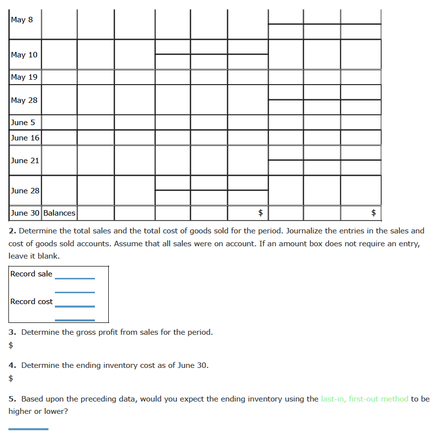 May 8
May 10
May 19
May 28
June 5
June 16
June 21
June 28
June 30 Balances
$
$
2. Determine the total sales and the total cost of goods sold for the period. Journalize the entries in the sales and
cost of goods sold accounts. Assume that all sales were on account. If an amount box does not require an entry,
leave it blank.
Record sale
Record cost
3. Determine the gross profit from sales for the period.
$
4. Determine the ending inventory cost as of June 30.
$
5. Based upon the preceding data, would you expect the ending inventory using the last-in, first-out method to be
higher or lower?
