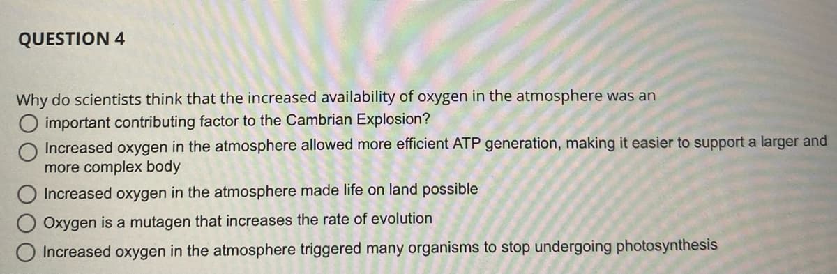 QUESTION 4
Why do scientists think that the increased availability of oxygen in the atmosphere was an
important contributing factor to the Cambrian Explosion?
Increased oxygen in the atmosphere allowed more efficient ATP generation, making it easier to support a larger and
more complex body
Increased oxygen in the atmosphere made life on land possible
Oxygen is a mutagen that increases the rate of evolution
Increased oxygen in the atmosphere triggered many organisms to stop undergoing photosynthesis
