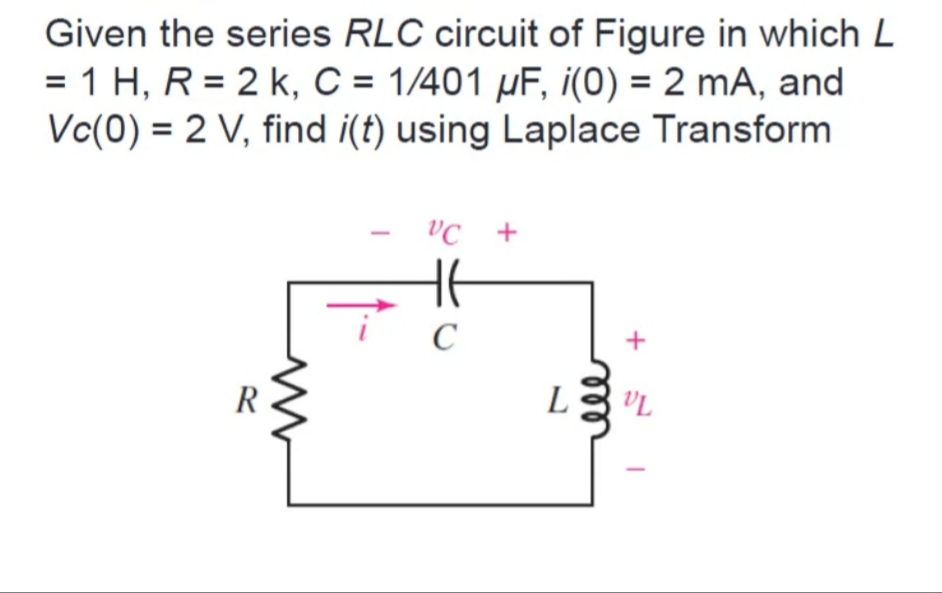 Given the series RLC circuit of Figure in which L
= 1 H, R = 2 k, C = 1/401 µF, i(0) = 2 mA, and
Vc(0) = 2 V, find i(t) using Laplace Transform
%3D
VC +
-
C
R
L
VL
