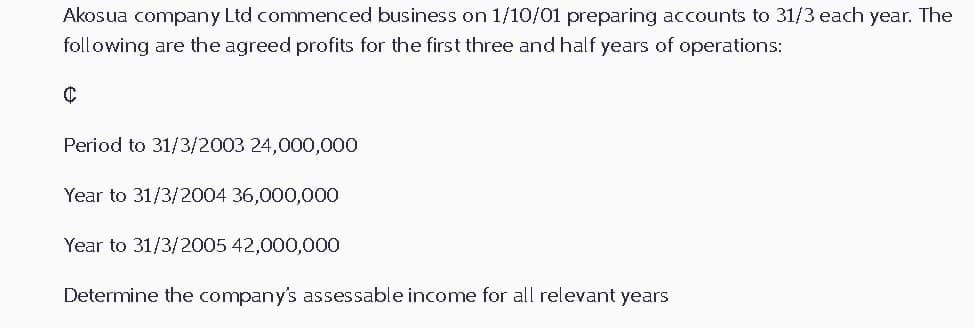 Akosua company Ltd commenced business on 1/10/01 preparing accounts to 31/3 each year. The
following are the agreed profits for the first three and half years of operations:
C
Period to 31/3/2003 24,000,000
Year to 31/3/2004 36,000,000
Year to 31/3/2005 42,000,000
Determine the company's assessable income for all relevant years