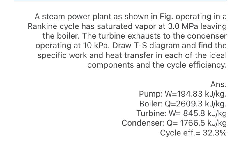 A steam power plant as shown in Fig. operating in a
Rankine cycle has saturated vapor at 3.0 MPa leaving
the boiler. The turbine exhausts to the condenser
operating at 10 kPa. Draw T-S diagram and find the
specific work and heat transfer in each of the ideal
components and the cycle efficiency.
Ans.
Pump: W=194.83 kJ/kg.
Boiler: Q=2609.3 kJ/kg.
Turbine: W= 845.8 kJ/kg
Condenser: Q= 1766.5 kJ/kg
Cycle eff.= 32.3%
