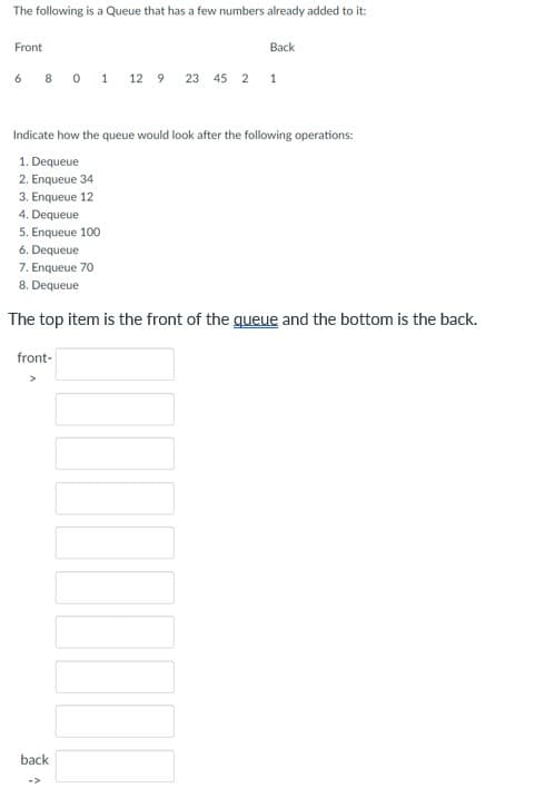 The following is a Queue that has a few numbers already added to it:
Front
6801 12 9 23 45 2 1
Indicate how the queue would look after the following operations:
1. Dequeue
2. Enqueue 34
3.
Enqueue 12
4. Dequeue
5.
6. Dequeue
Enqueue 100
Back
7. Enqueue 70
8. Dequeue
The top item is the front of the queue and the bottom is the back.
front-
>
back
100000