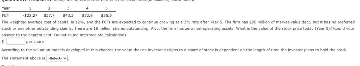 1
2
3
4
5
-$22.27 $37.7 $43.3 $52.9
$55.5
Year
FCF
The weighted average cost of capital is 12%, and the FCFS are expected to continue growing at a 3% rate after Year 5. The firm has $26 million of market-value debt, but it has no preferred
stock or any other outstanding claims. There are 18 million shares outstanding. Also, the firm has zero non-operating assets. What is the value of the stock price today (Year 0)? Round your
answer to the nearest cent. Do not round intermediate calculations.
$
per share
According to the valuation models developed in this chapter, the value that an investor assigns to a share of stock is dependent on the length of time the investor plans to hold the stock.
The statement above is -Select- v