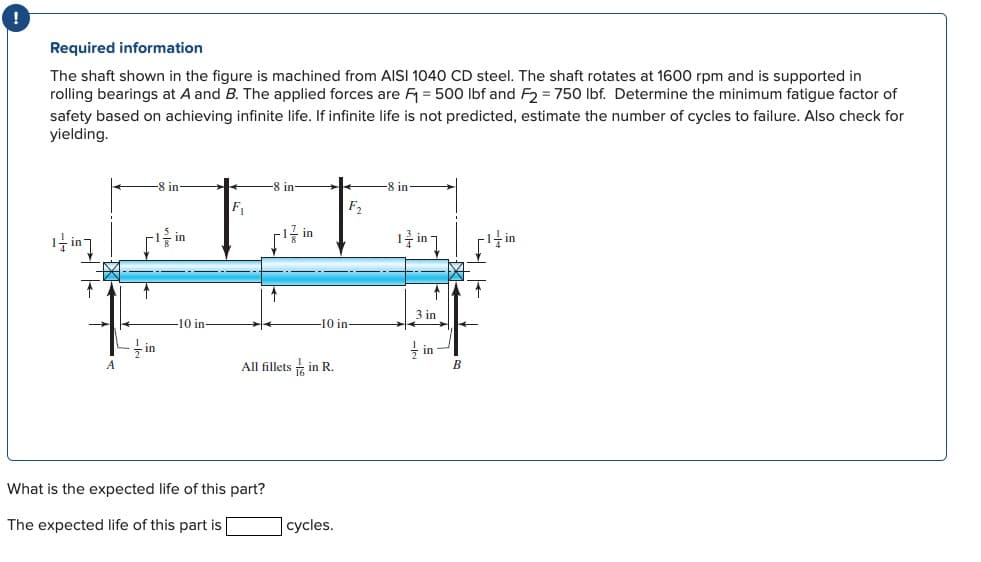 Required information
The shaft shown in the figure is machined from AISI 1040 CD steel. The shaft rotates at 1600 rpm and is supported in
rolling bearings at A and B. The applied forces are F₁ = 500 lbf and F2 = 750 lbf. Determine the minimum fatigue factor of
safety based on achieving infinite life. If infinite life is not predicted, estimate the number of cycles to failure. Also check for
yielding.
1 in
↑ A
A
↑
- in
8 in
in
10 in
F₁
-8 in-
What is the expected life of this part?
The expected life of this part is
↑
-17 in
-10 in
All fillets in R.
F₂
· —————— - —————-————————▬▬▬▬▬▬▬
cycles.
-8 in
12in1
↑
3 in
in
B
↑
1+in