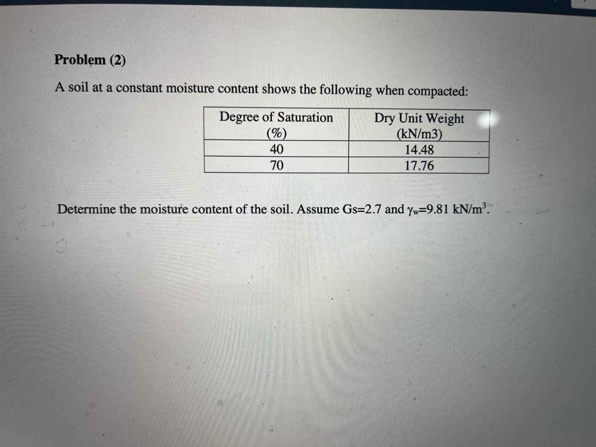 Problem (2)
A soil at a constant moisture content shows the following when compacted:
Degree of Saturation
(%)
40
Dry Unit Weight
(kN/m3)
14.48
70
17.76
Determine the moisture content of the soil. Assume Gs=2.7 and yw=9.81 kN/m.
