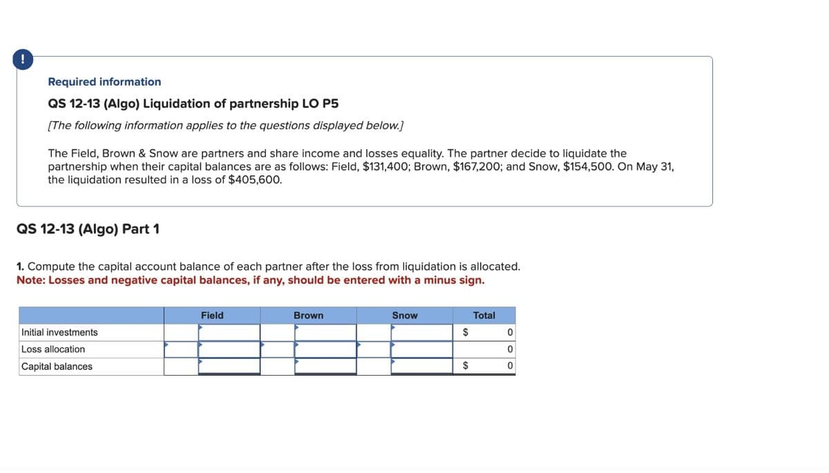 !
Required information
QS 12-13 (Algo) Liquidation of partnership LO P5
[The following information applies to the questions displayed below.]
The Field, Brown & Snow are partners and share income and losses equality. The partner decide to liquidate the
partnership when their capital balances are as follows: Field, $131,400; Brown, $167,200; and Snow, $154,500. On May 31,
the liquidation resulted in a loss of $405,600.
QS 12-13 (Algo) Part 1
1. Compute the capital account balance of each partner after the loss from liquidation is allocated.
Note: Losses and negative capital balances, if any, should be entered with a minus sign.
Initial investments
Loss allocation
Capital balances
Field
Brown
Snow
$
$
Total
0
0
0