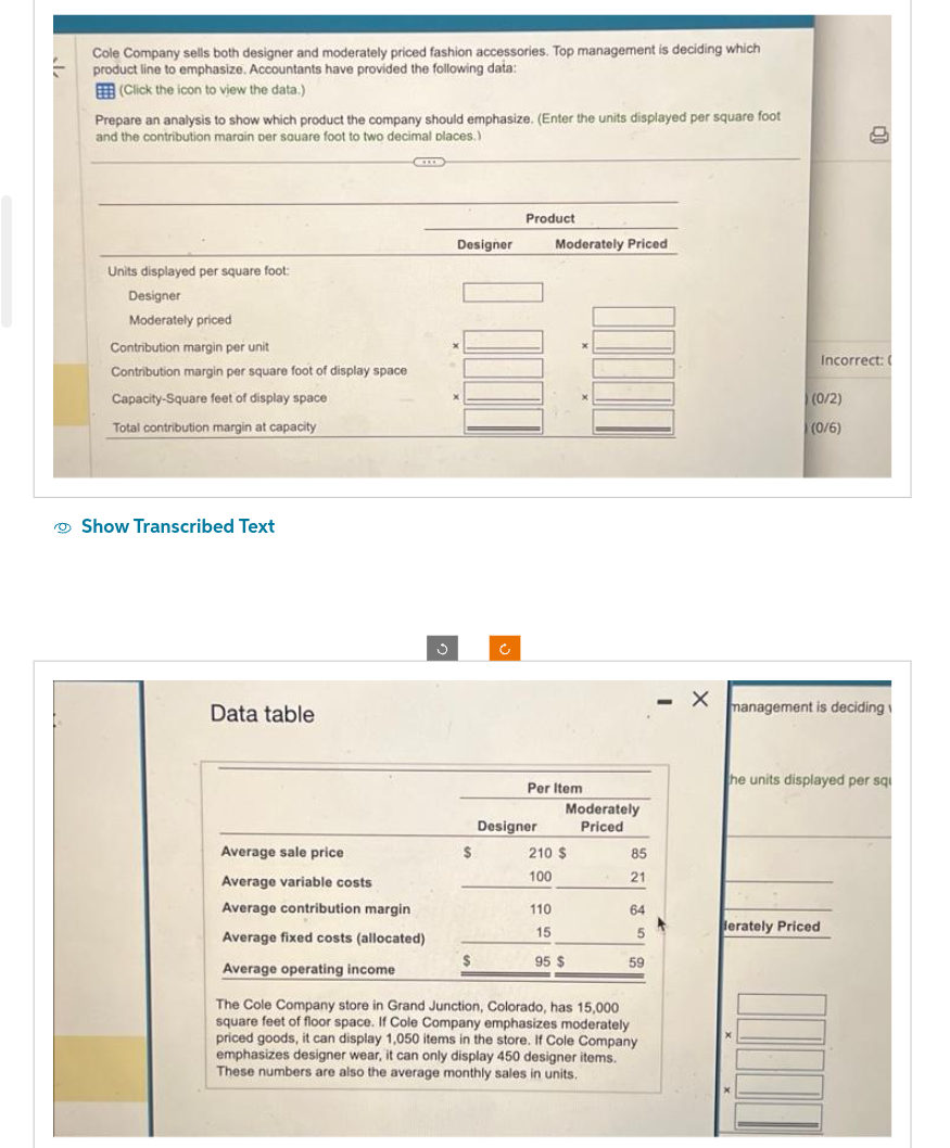 Cole Company sells both designer and moderately priced fashion accessories. Top management is deciding which
product line to emphasize. Accountants have provided the following data:
(Click the icon to view the data.)
Prepare an analysis to show which product the company should emphasize. (Enter the units displayed per square foot
and the contribution marain per square foot to two decimal places.)
Units displayed per square foot:
Designer
Moderately priced
Contribution margin per unit
Contribution margin per square foot of display space
Capacity-Square feet of display space
Total contribution margin at capacity
Show Transcribed Text
Data table
CO
Average sale price
Average variable costs
Average contribution margin
Average fixed costs (allocated)
Average operating income.
Designer
$
$
Ĉ
Product
Moderately Priced
Per Item
Designer
Moderately
Priced
210 $
100
110
15
95 $
85
21
64
5
59
The Cole Company store in Grand Junction, Colorado, has 15,000
square feet of floor space. If Cole Company emphasizes moderately
priced goods, it can display 1,050 items in the store. If Cole Company
emphasizes designer wear, it can only display 450 designer items.
These numbers are also the average monthly sales in units.
X
(0/2)
(0/6)
1
Incorrect: (
management is deciding
ferately Priced
he units displayed per squ