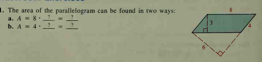 1. The area of the parallelogram can be found in two ways:
a. A = 8 .
b. A = 4.
%3D
