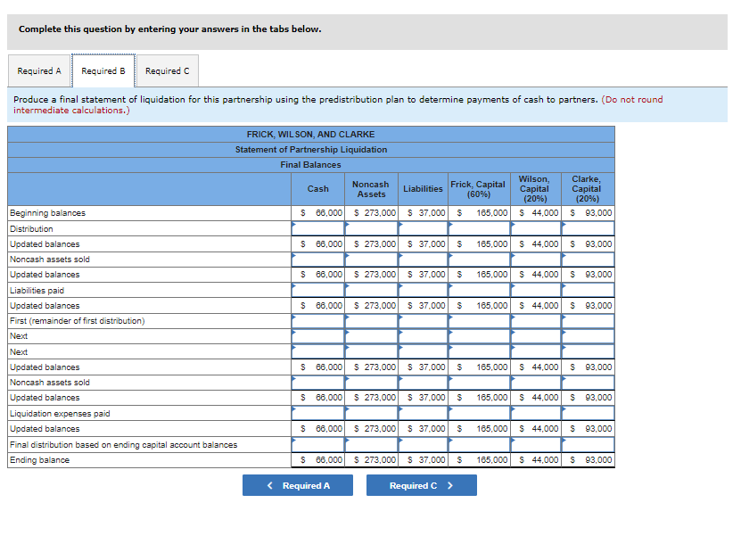 Complete this question by entering your answers in the tabs below.
Required A Required B
Required C
Produce a final statement of liquidation for this partnership using the predistribution plan to determine payments of cash to partners. (Do not round
intermediate calculations.)
Beginning balances
Distribution
Updated balances
Noncash assets sold
Updated balances
Liabilities paid
Updated balances
First (remainder of first distribution)
Next
Next
Updated balances
Noncash assets sold
Updated balances
Liquidation expenses paid
Updated balances
FRICK, WILSON, AND CLARKE
Statement of Partnership Liquidation
Final Balances
Final distribution based on ending capital account balances
Ending balance
Cash
$ 66,000
$ 66,000
Wilson,
Capital
(20%)
Clarke,
Capital
(20%)
$ 273,000 $ 37,000 $ 165,000 $ 44,000 $ 93,000
Noncash
Assets
Liabilities
Frick, Capital
(60%)
$ 273,000 $ 37,000 $
$ 66,000 $ 273,000 $ 37,000 $
$ 66,000 $ 273,000 $ 37,000 $
< Required A
$ 66,000 $ 273,000 $ 37,000 $
$ 66,000 $ 273,000 $ 37,000 $
$ 66,000 $ 273,000 $ 37,000 $
$ 66,000 $ 273,000 $ 37,000
Required C >
$
165,000 $ 44,000
165,000
165,000
165,000
165,000
$ 93,000
165,000
$ 44,000 $ 93,000
$ 44,000 $ 93,000
$ 44,000 $ 93,000
$ 44,000 $ 93,000
165,000 $ 44,000 $ 93,000
$ 44,000 $ 93,000