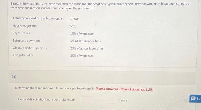 Blossom Services, Inc. is trying to establish the standard labor cost of a typical brake repair. The following data have been collected
from time and motion studies conducted over the past month.
Actual time spent on the brake repairs
Hourly wage rate
Payroll taxes
Setup and downtime
Cleanup and rest periods
Fringe benefits
(a)
1 hour
$11
10% of wage rate
5% of actual labor time
25% of actual labor time
20% of wage rate
Determine the standard direct labor hours per brake repairs. (Round answer to 2 decimal places, e.g. 1.25.)
Standard direct labor hours per brake repair
hours
1
SU