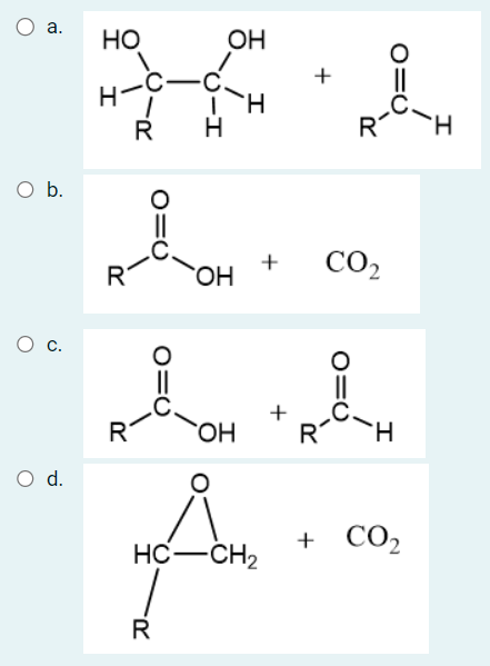 a.
0 b.
0 с.
O d.
НО
R
R
ОН
тон
R'
ОН
-С.
Н
R
ОН
Н
HC—CH,
+
+
R'
CO₂
R Н
+ CO2
Н.