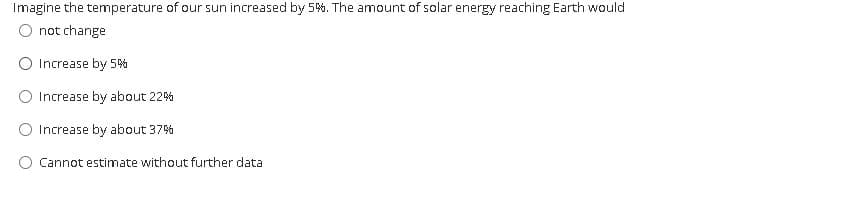 Imagine the temperature of our sun increased by 5%. The amount of solar energy reaching Earth would
O not change
Increase by 5%
Increase by about 22%
Increase by about 37%
Cannot estimate without further data
