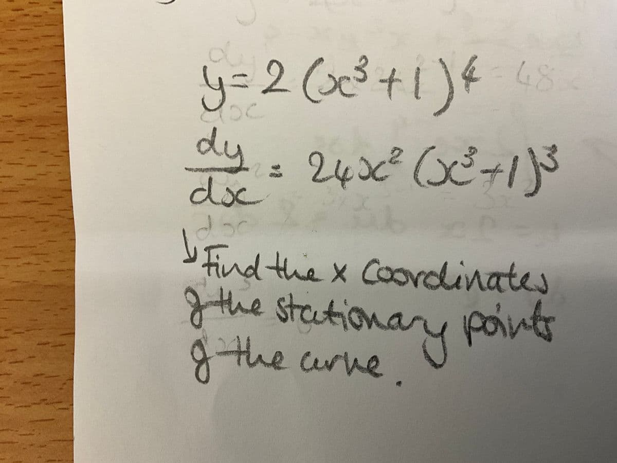 y = 2(x²³² +1) 4
= 48.
du
dy = 24x² (x²²+1) ³
2
dsc
Find the x coordinates
of the stationary points
g
o the arve.