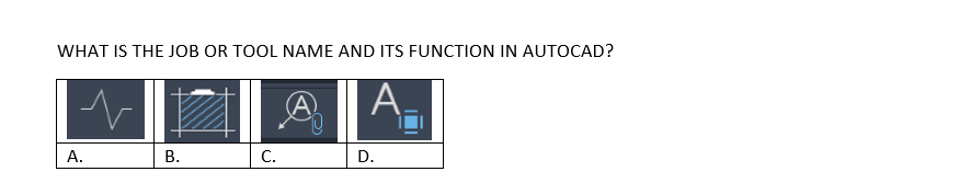 WHAT IS THE JOB OR TOOL NAME AND ITS FUNCTION IN AUTOCAD?
A.
А.
В.
C.
D.
