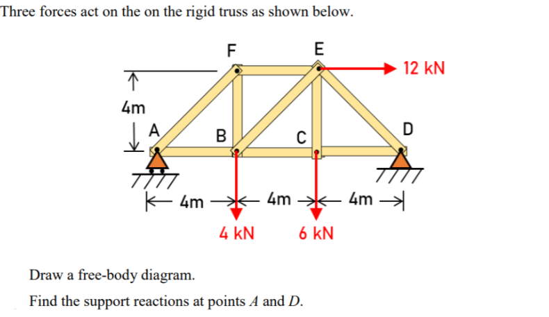 Three forces act on the on the rigid truss as shown below.
F
E
12 kN
4m
A
В
D
K 4m
4m *
4m
4 kN
6 kN
Draw a free-body diagram.
Find the support reactions at points A and D.
