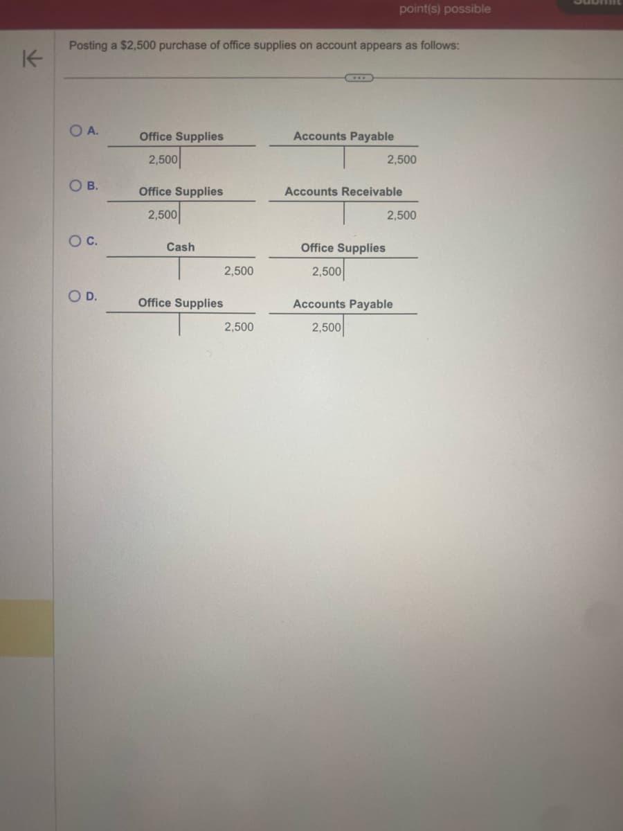 Posting a $2,500 purchase of office supplies on account appears as follows:
O A.
OB.
O C.
O D.
Office Supplies
2,500
Office Supplies
2,500
Cash
2,500
Office Supplies
2,500
Accounts Payable
point(s) possible
Office Supplies
2,500
2,500
Accounts Receivable
2,500
Accounts Payable
2,500