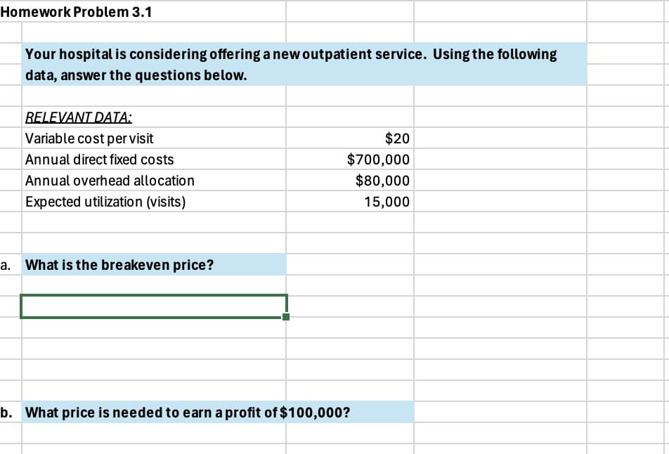 Homework Problem 3.1
Your hospital is considering offering a new outpatient service. Using the following
data, answer the questions below.
RELEVANT DATA:
Variable cost per visit
Annual direct fixed costs
Annual overhead allocation
Expected utilization (visits)
$20
$700,000
$80,000
15,000
a. What is the breakeven price?
b. What price is needed to earn a profit of $100,000?