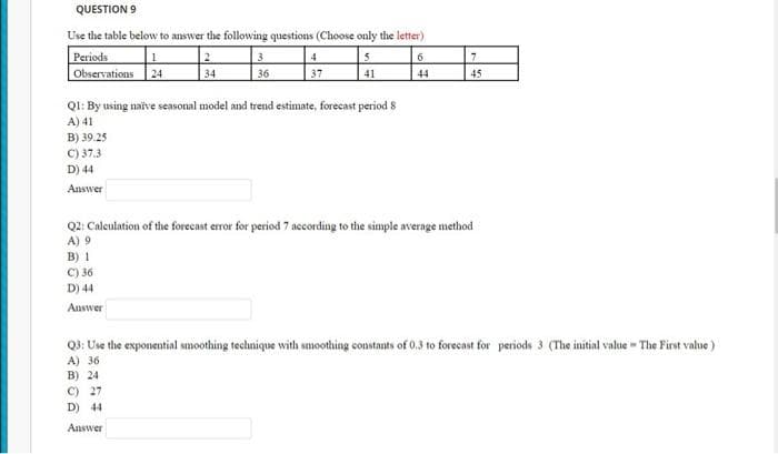 QUESTION 9
Use the table below to answer the following questions (Choose only the letter)
3.
Periods
Observations 24
4
6
34
36
37
41
44
45
Q1: By using naive seasonal model and trend estimate, forecast period 8
A) 41
B) 39.25
C) 37.3
D) 44
Answer
Q2: Caleuiation of the forecast error for period 7 according to the simple average method
A) 9
B) 1
C) 36
D) 44
Answer
Q3: Use the exponential smoothing technique with smoothing constants of 0.3 to forecast for periods 3 (The initial value - The First value)
A) 36
B) 24
C) 27
D) 44
Answer
