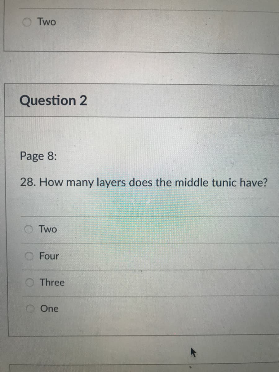 Two
Question 2
Page 8:
28. How many layers does the middle tunic have?
O Two
Four
Three
One
