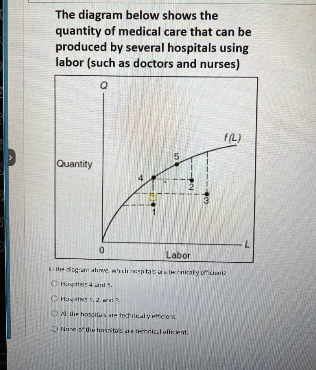 The diagram below shows the
quantity of medical care that can be
produced by several hospitals using
labor (such as doctors and nurses)
Quantity
Q
f(L)
160
5
2
Labor
In the diagram above, which hospitals are technically efficient?
O Hospitals 4 and 5.
Hospitals 1, 2, and 3.
All the hospitals are technically efficient.
None of the hospitals are technical efficient.
L