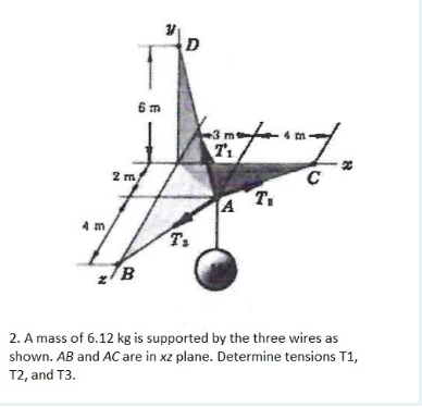 6 m
+3
T1
C
T.
2 m
4 T
4 m
2. A mass of 6.12 kg is supported by the three wires as
shown. AB and AC are in xz plane. Determine tensions T1,
T2, and T3.
