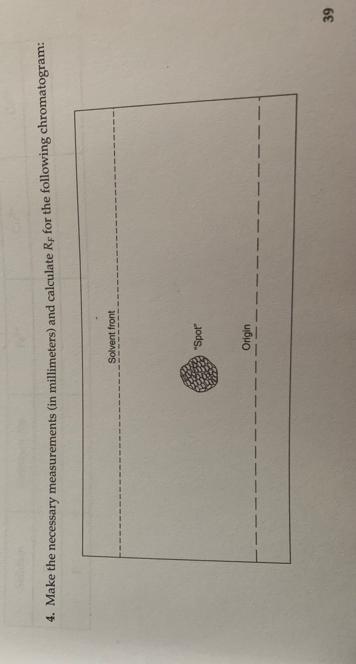 4. Make the necessary measurements (in millimeters) and calculate RF for the following chromatogram:
Solvent front
"Spot"
Origin
39