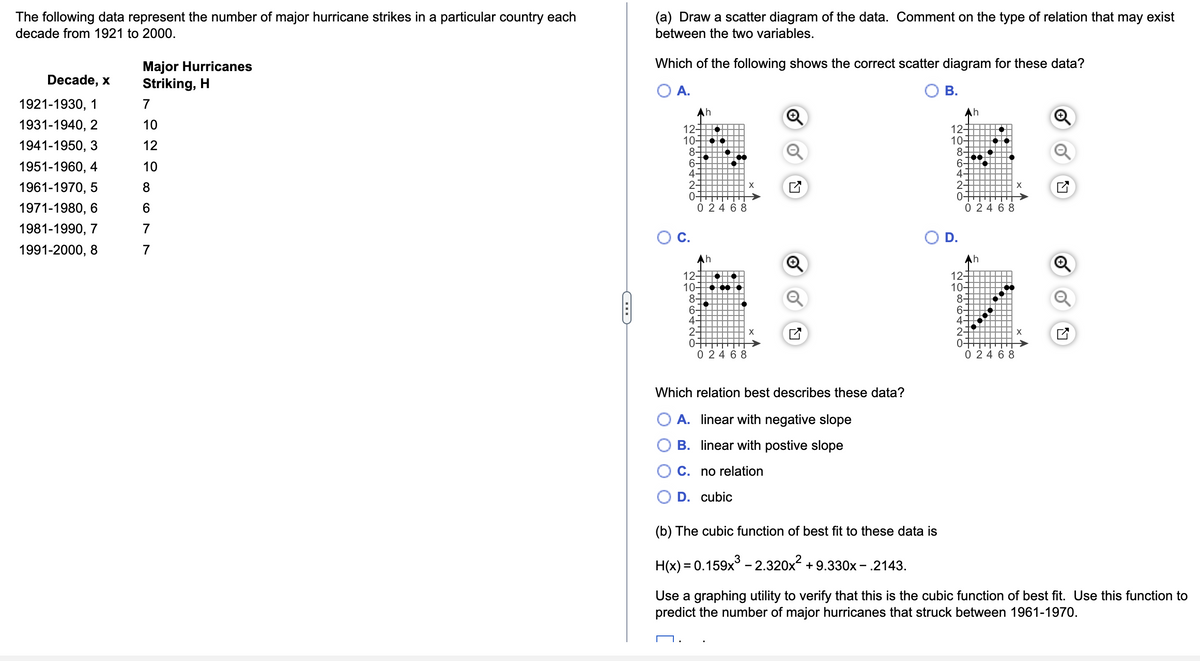 The following data represent the number of major hurricane strikes in a particular country each
decade from 1921 to 2000.
Decade, x
1921-1930, 1
1931-1940, 2
1941-1950, 3
1951-1960, 4
1961-1970, 5
1971-1980, 6
1981-1990, 7
1991-2000, 8
Major Hurricanes
Striking, H
7
10
12
10
8
6
7
7
C…
(a) Draw a scatter diagram of the data. Comment on the type of relation that may exist
between the two variables.
Which of the following shows the correct scatter diagram for these data?
A.
B.
2086+NO
124
10-
Ah
O||||||||||||||
8-
6-
4-
O C.
2-
NOBENO
Ah
|||||||||||||
12-
10-
8-
02468
6-
4-
2-
------
HHO
0-
++++++
1▬▬▬▬▬▬▬
HH.
+●
co
Tx
++
02468
X
X
Ly
Ly
Which relation best describes these data?
A. linear with negative slope
B. linear with postive slope
C. no relation
D. cubic
Ah
12-
10-
8-
6-
4-
2-
0-
O D.
0 24 68
Ah
12-
10-
8-
6-
4.
0 24 68
X
(b) The cubic function of best fit to these data is
H(x) = 0.159x³ - 2.320x² +9.330x − .2143.
Use a graphing utility to verify that this is the cubic function of best fit. Use this function to
predict the number of major hurricanes that struck between 1961-1970.