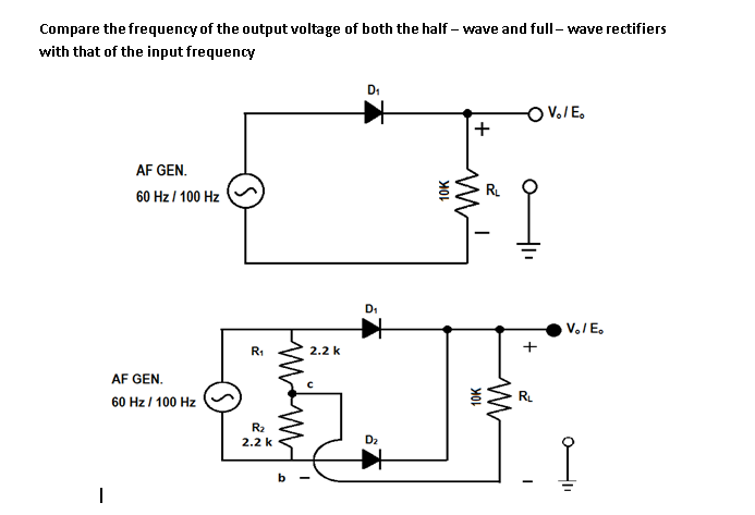 Compare the frequency of the output voltage of both the half – wave and full- wave rectifiers
with that of the input frequency
D1
AF GEN.
R.
60 Hz / 100 Hz
V./ E.
R1
2.2 k
AF GEN.
RL
60 Hz / 100 Hz
R2
2.2 k
D2
10K
+
