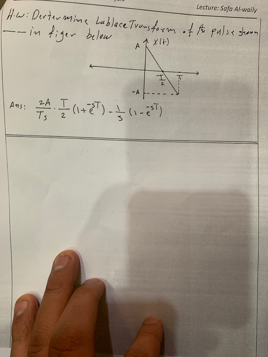 Lecture: Safa Al-waily
H.wi Derter mine Lablace Trous formof the pulse shown
- in figer below
A
-A
2A T
Ans:
Ts
2
