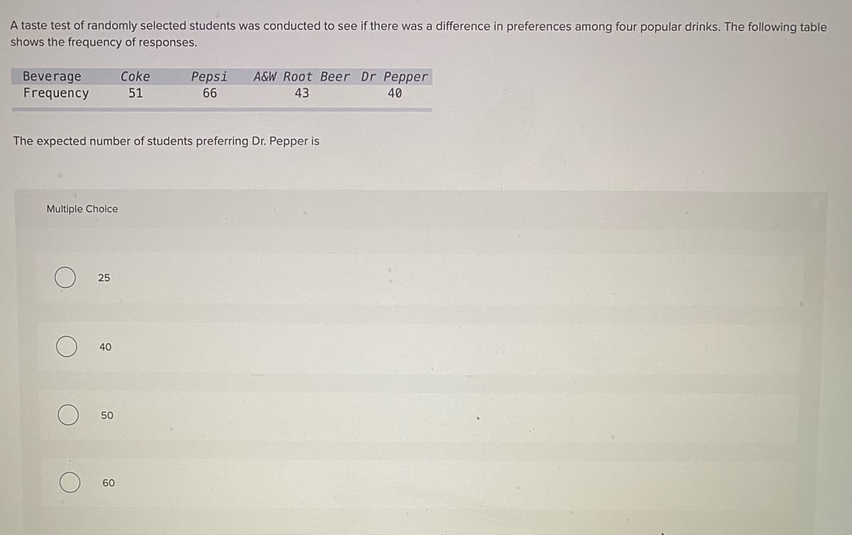 A taste test of randomly selected students was conducted to see if there was a difference in preferences among four popular drinks. The following table
shows the frequency of responses.
A&W Root Beer Dr Pepper
Beverage
Frequency
Coke
Pepsi
51
66
43
40
The expected number of students preferring Dr. Pepper is
Multiple Choice
25
40
50
60
