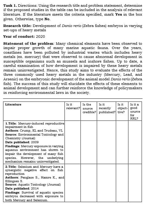 Task 1. Directions: Using the research title and problem statement, determine
if the proposed studies in the table can be included in the analysis of relevant
literature. If the literature meets the criteria specified, mark Yes in the box
given. Otherwise, type No.
Research title: Development of Danio rerio (Zebra fishes) embryos in varying
set-ups of heavy metals
Year of conduct: 2020
Statement of the problem: Many chemical elements have been observed to
impair proper growth of many marine aquatic fauna. Over the years,
coastlines have been polluted by industrial wastes which includes heavy
metals (ex. mercury) that were observed to cause abnormal development in
susceptible organisms such as mussels and inshore fishes. Up to date, a
careful examination of how development is impaired by these heavy metals
remain uninvestigated. Hence, this study aims to evaluate the effects of the
three commonly used heavy metals in the industry (Mercury, Lead, and
Arsenic) on the embryonic development of the animal model Danio rerio (Zebra
fish). The success of this study will elucidate the effects of these elements to
animal development and can further reinforce the knowledge of policymakers
in reinforcing environmental laws in the society.
Is the
Is it
relevant?l source
Is it
recently
credible? published? tive?
Is it a
Is it
object- good
Literature
source
for
RRL?
1.Title: Mercury-induced reproductive
impairment in fish
Authors: Crump, KL and Trudeau, VL
Source: Environmental Toxicology and
Chemistry (Journal)
Date published: 2009
Findings: Mercury exposure in varying
aqueous environment has shown to
impair the development of many fish
species. However, the underlying
mechanism remains uninvestigated.
2. Title: Selenium and Mercury have a
synergistic negative effect on fish
reproduction
Authors: Penglase S., Hamre K., and
Ellingsen S.
Source: Aquatic Toxicology (Journal)
Date published: 2014
Findings: Survival of aquatic species
embryos decreased with exposure to
both Mercury and Selenium.
