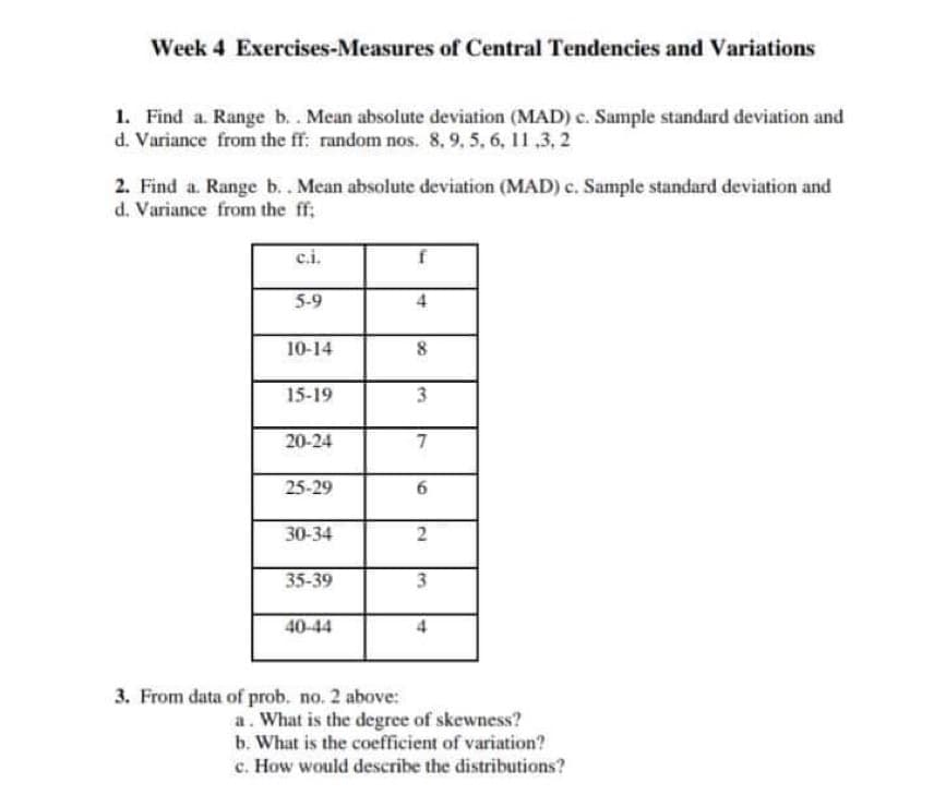 Week 4 Exercises-Measures of Central Tendencies and Variations
1. Find a. Range b.. Mean absolute deviation (MAD) c. Sample standard deviation and
d. Variance from the ff: random nos. 8, 9, 5, 6, 11,3,2
2. Find a. Range b.. Mean absolute deviation (MAD) c. Sample standard deviation and
d. Variance from the ff;
c.i.
5-9
10-14
15-19
20-24
25-29
30-34
35-39
40-44
3. From data of prob. no. 2 above:
f
4
8
3
7
6
2
3
4
a. What is the degree of skewness?
b. What is the coefficient of variation?
c. How would describe the distributions?