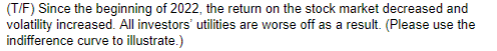(T/F) Since the beginning of 2022, the return on the stock market decreased and
volatility increased. All investors utilities are worse off as a result. (Please use the
indifference curve to illustrate.)