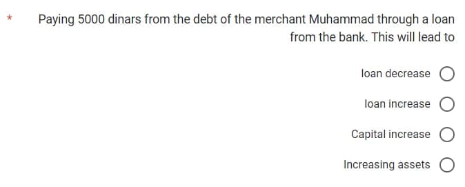 *
Paying 5000 dinars from the debt of the merchant Muhammad through a loan
from the bank. This will lead to
loan decrease
loan increase O
Capital increase
Increasing assets O