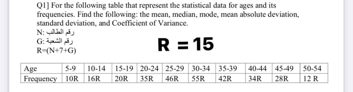 Q1] For the following table that represent the statistical data for ages and its
frequencies. Find the following: the mean, median, mode, mean absolute deviation,
standard deviation, and Coefficient of Variance.
رقم الطالب :N
رقم الشعبة :G
R=(N+7+G)
R = 15
10-14
15-19 20-24 25-29 30-34
35-39
40-44
45-49
50-54
Age
Frequency 10R
5-9
16R
20R
35R
46R
55R
42R
34R
28R
12 R
